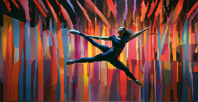 A dancer performing in mid-air against a backdrop of colorful abstract projections, with soft warm lighting enhancing the scene.