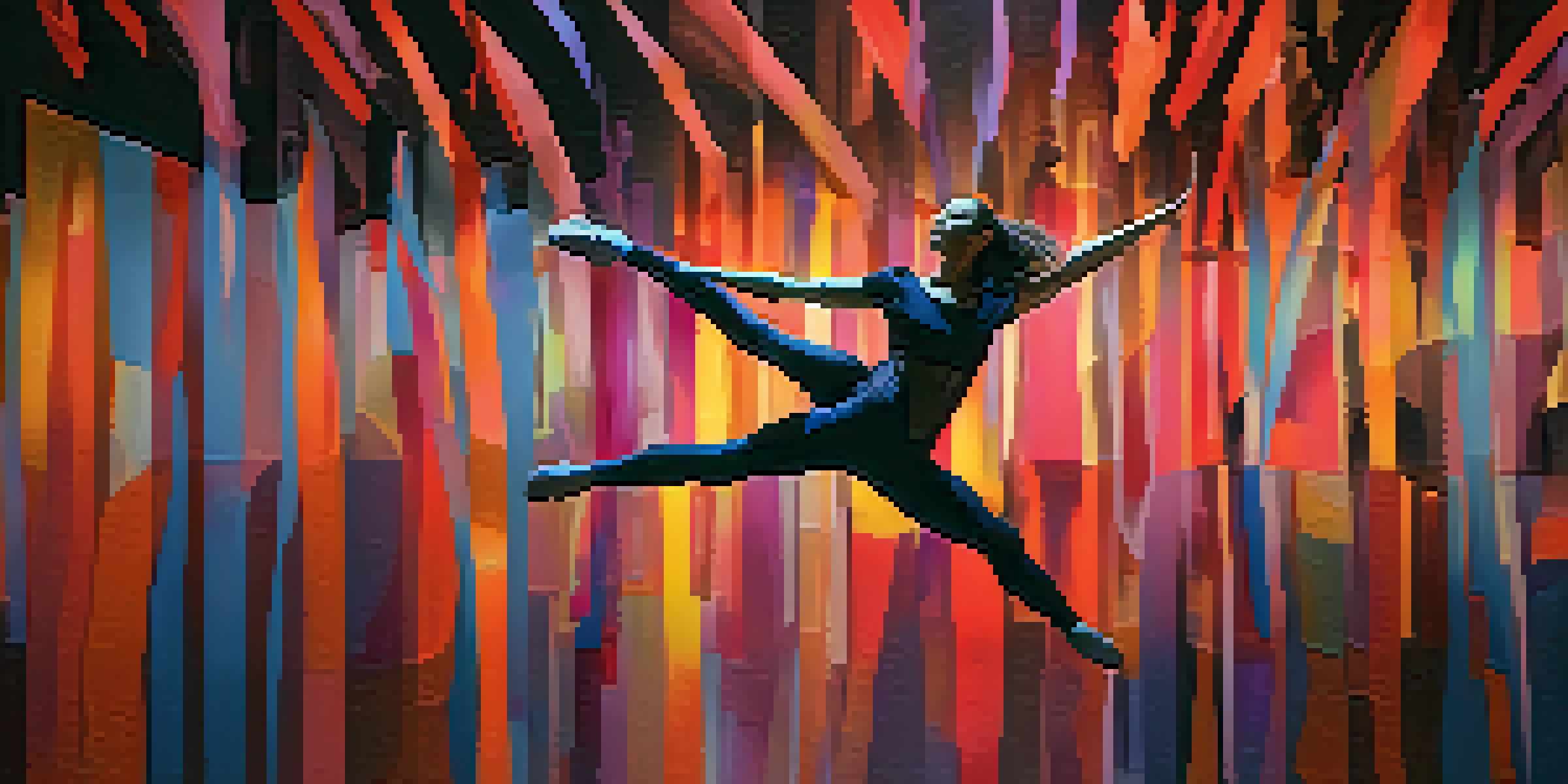 A dancer performing in mid-air against a backdrop of colorful abstract projections, with soft warm lighting enhancing the scene.
