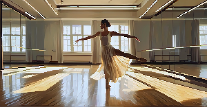 A dancer performing in a serene dance studio with warm lighting, reflecting calmness and grace.