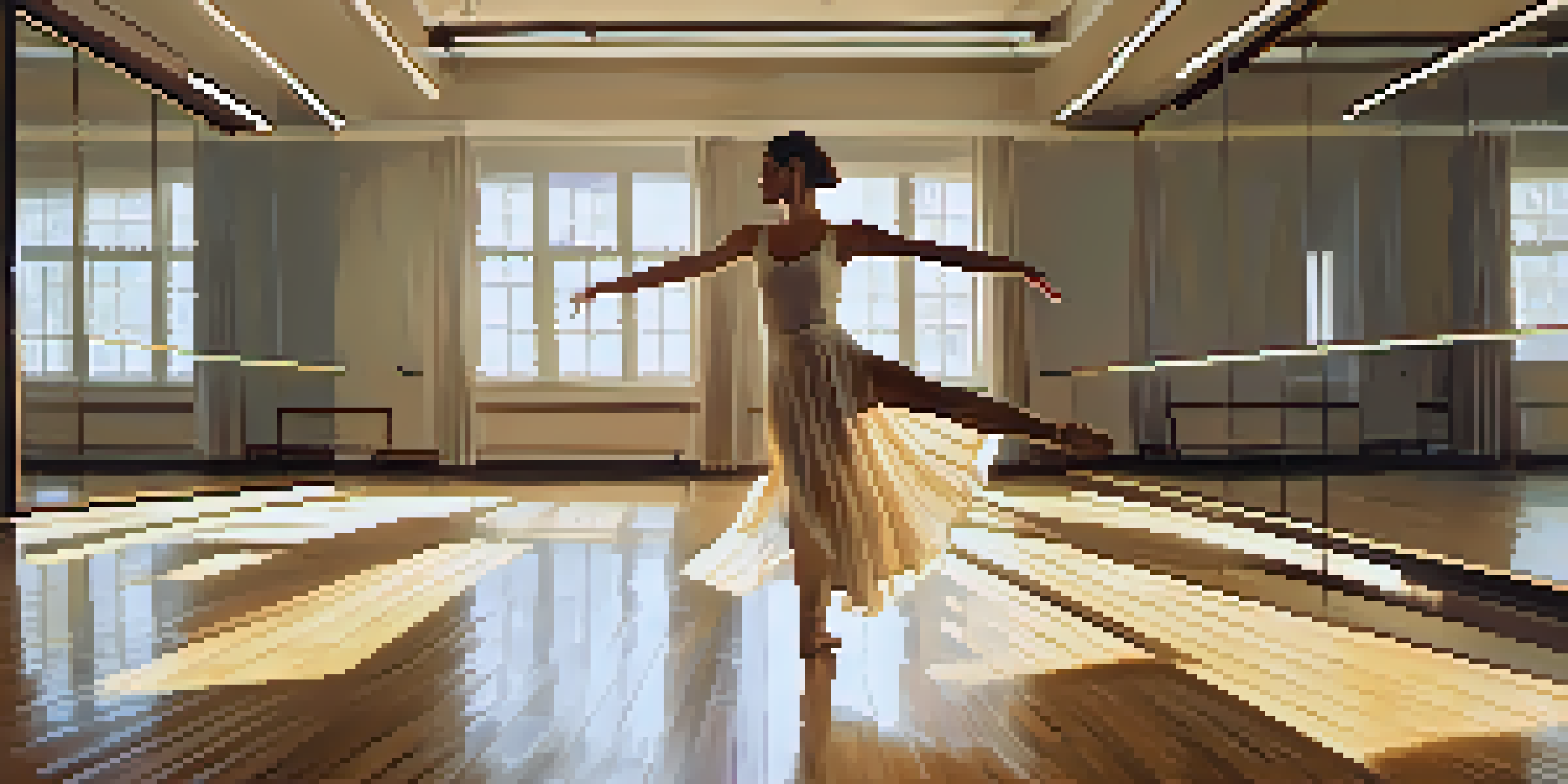 A dancer performing in a serene dance studio with warm lighting, reflecting calmness and grace.