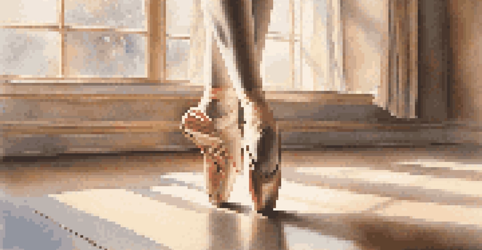 A close-up of a dancer's feet in ballet shoes on a wooden dance studio floor, with sunlight filtering through windows.