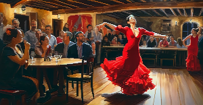 A Flamenco dancer in a red dress performing in a traditional Spanish tavern, with an engaged audience in the background.