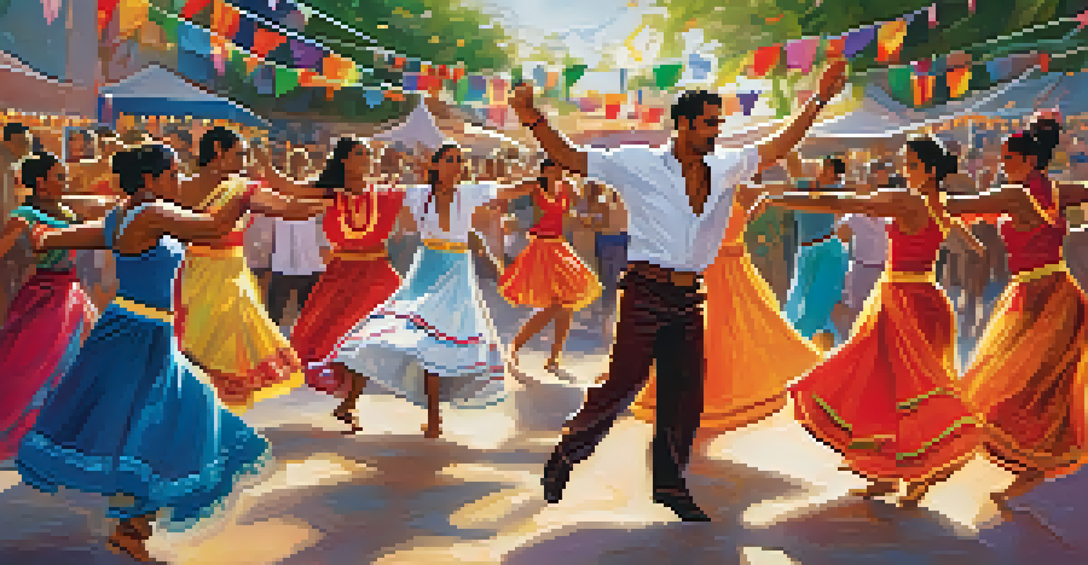 A group of dancers in colorful traditional outfits performing salsa dance at a cultural festival.