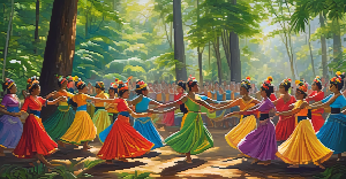 A group of dancers in colorful traditional costumes performing a ritual dance in a green forest, with sunlight filtering through the trees.
