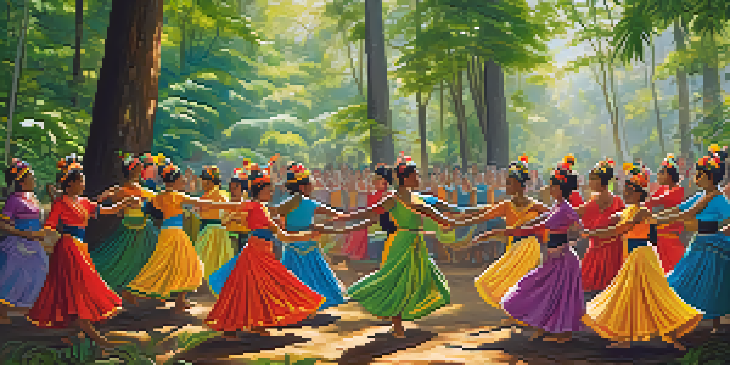 A group of dancers in colorful traditional costumes performing a ritual dance in a green forest, with sunlight filtering through the trees.