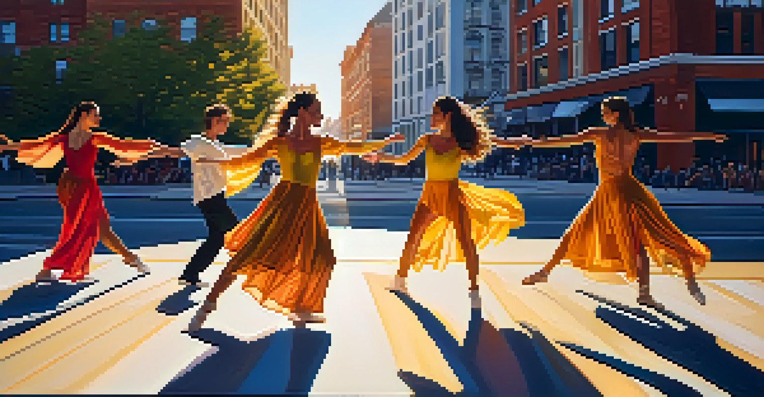 Dancers performing in an urban environment during golden hour, showcasing vibrant costumes against city architecture.