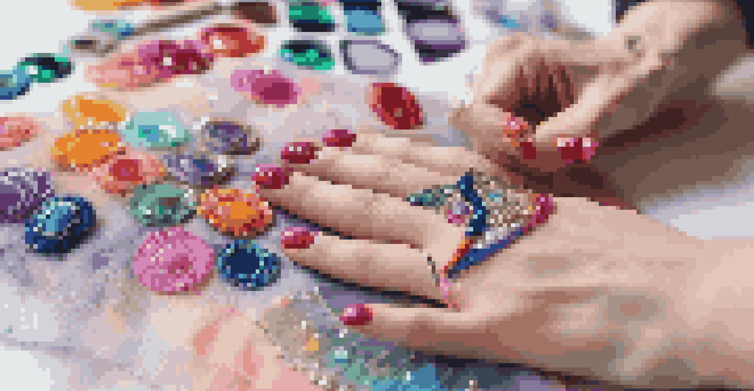 A close-up of hands adding embellishments to a DIY dance costume, showcasing colorful patches and beadwork.