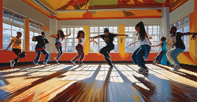 A lively urban dance studio with diverse dancers practicing hip-hop against a backdrop of colorful graffiti and sunlit wooden floors.