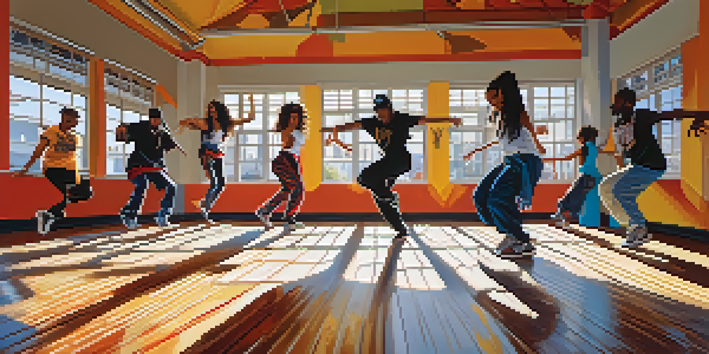 A lively urban dance studio with diverse dancers practicing hip-hop against a backdrop of colorful graffiti and sunlit wooden floors.