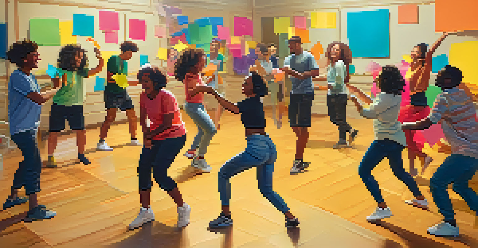 A group of youth collaborating in a dance creation session, laughing and sharing ideas in a colorful and supportive environment.