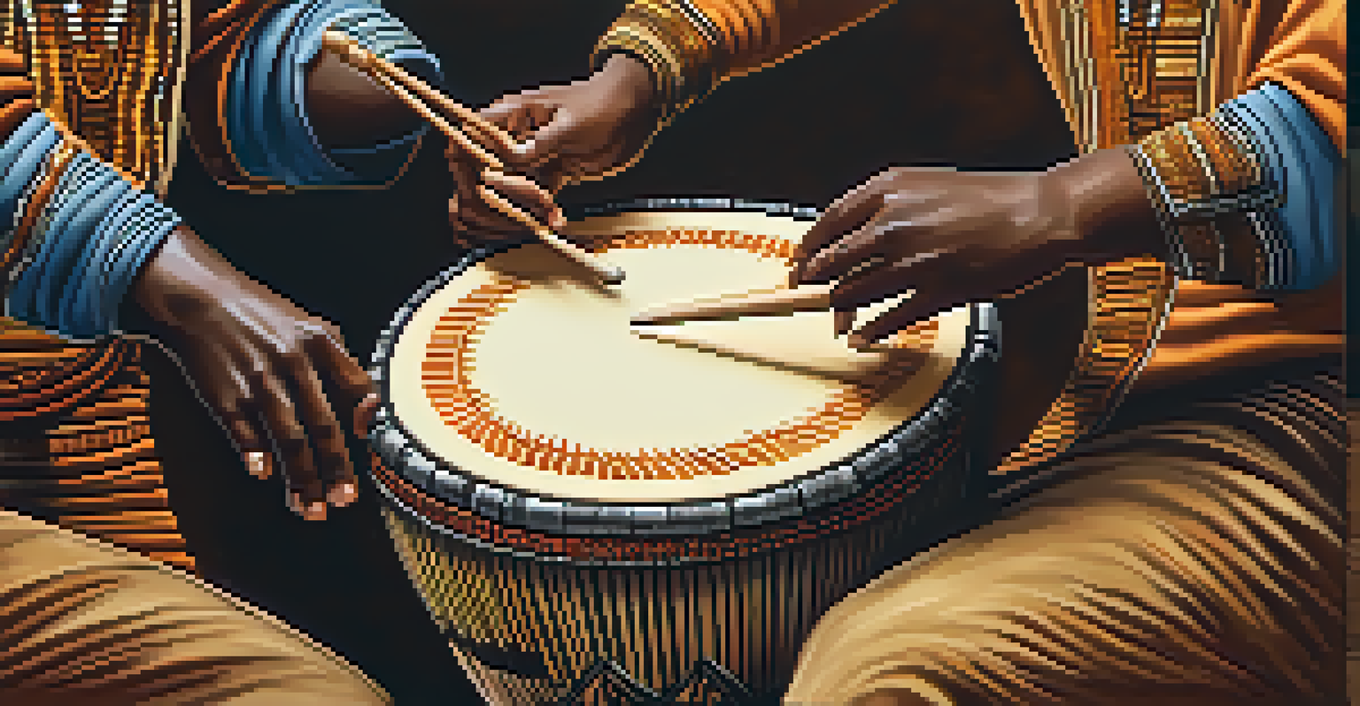 Close-up of hands playing traditional African drums, with blurred dancers in motion in the background, emphasizing the connection between music and dance.