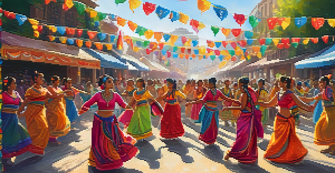 A lively street festival with dancers in traditional colorful costumes, surrounded by an enthusiastic crowd and decorated with festive banners.