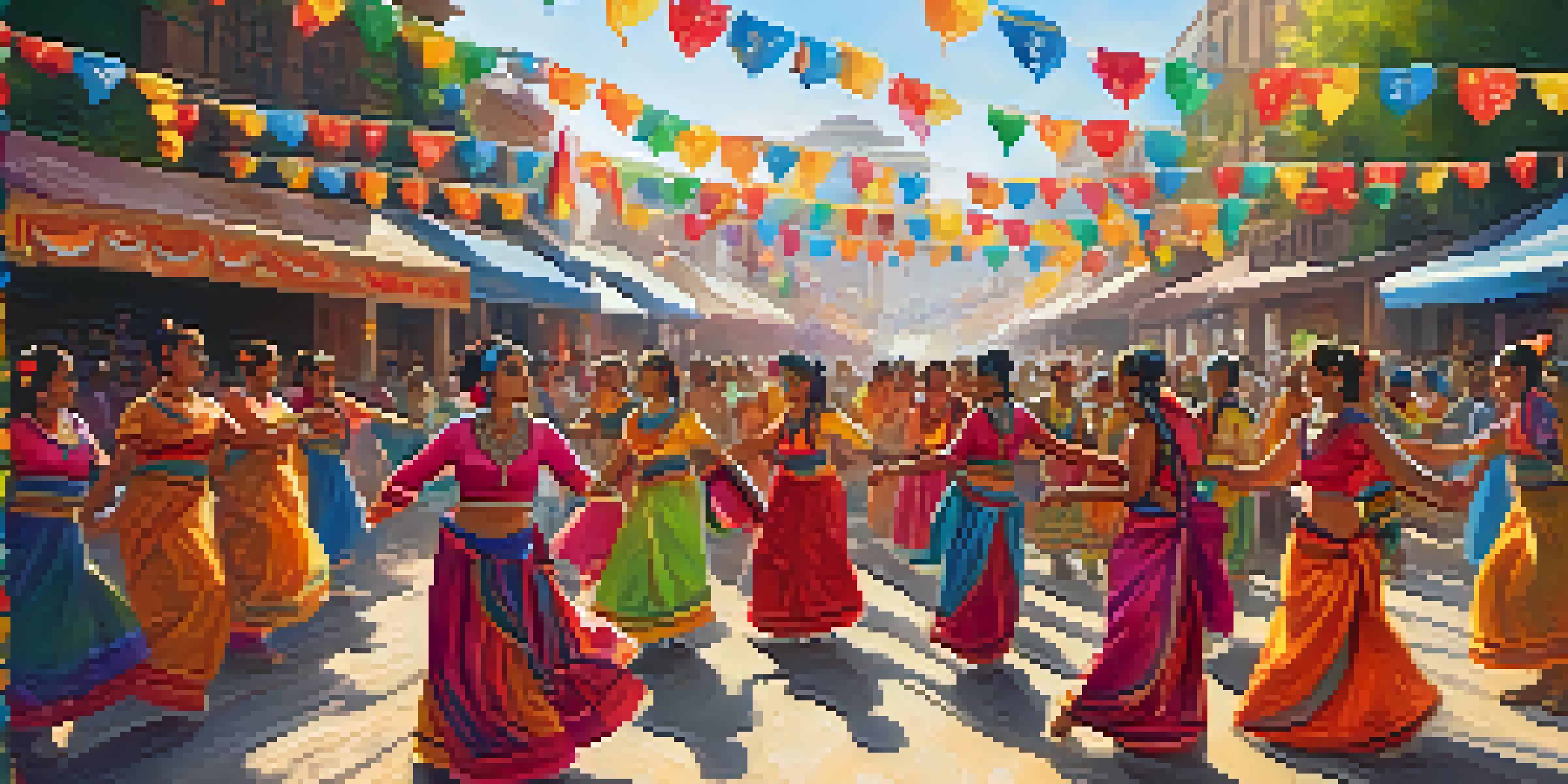 A lively street festival with dancers in traditional colorful costumes, surrounded by an enthusiastic crowd and decorated with festive banners.