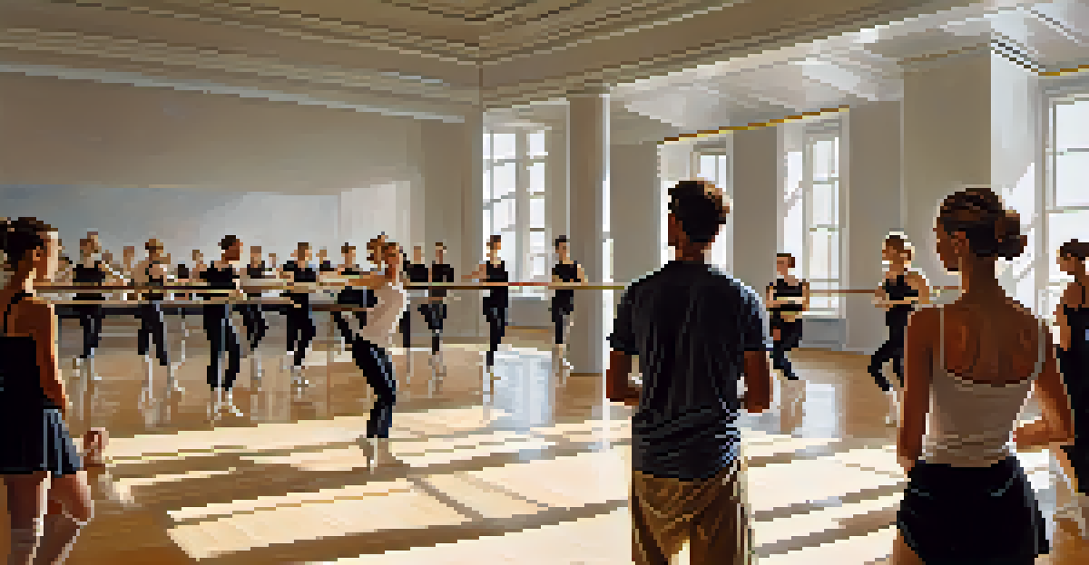A choreographer observing dancers in a rehearsal setting, highlighting the focus of the choreographer and the dynamic movements of the dancers.