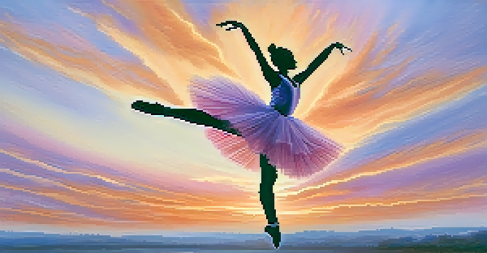 A ballet dancer leaping gracefully against a colorful sunset, with flowing attire and a vibrant sky.