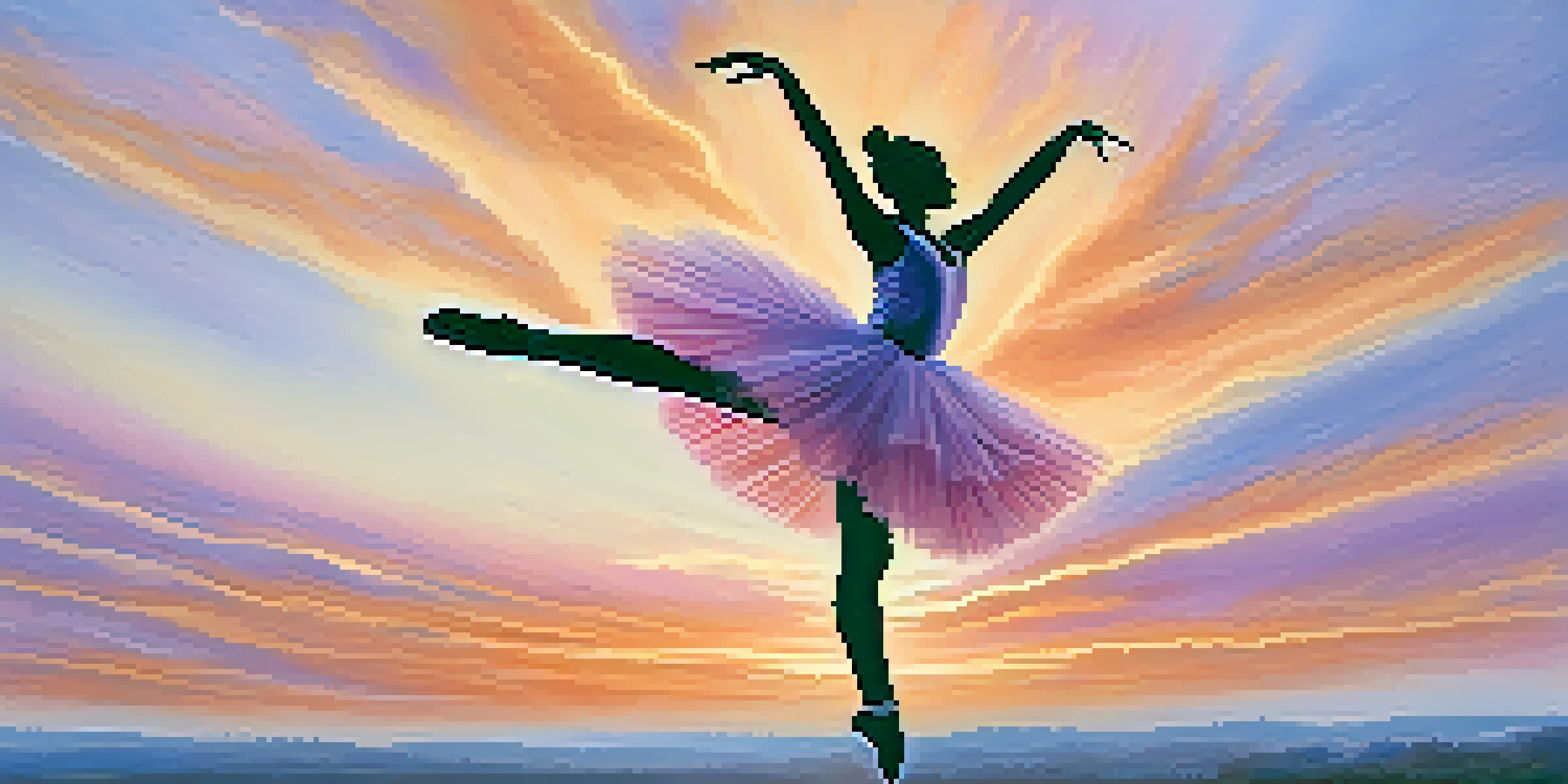 A ballet dancer leaping gracefully against a colorful sunset, with flowing attire and a vibrant sky.