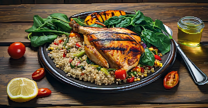 A colorful meal plate featuring grilled chicken, quinoa, and sautéed spinach on a wooden table, with warm lighting highlighting the textures of the food.