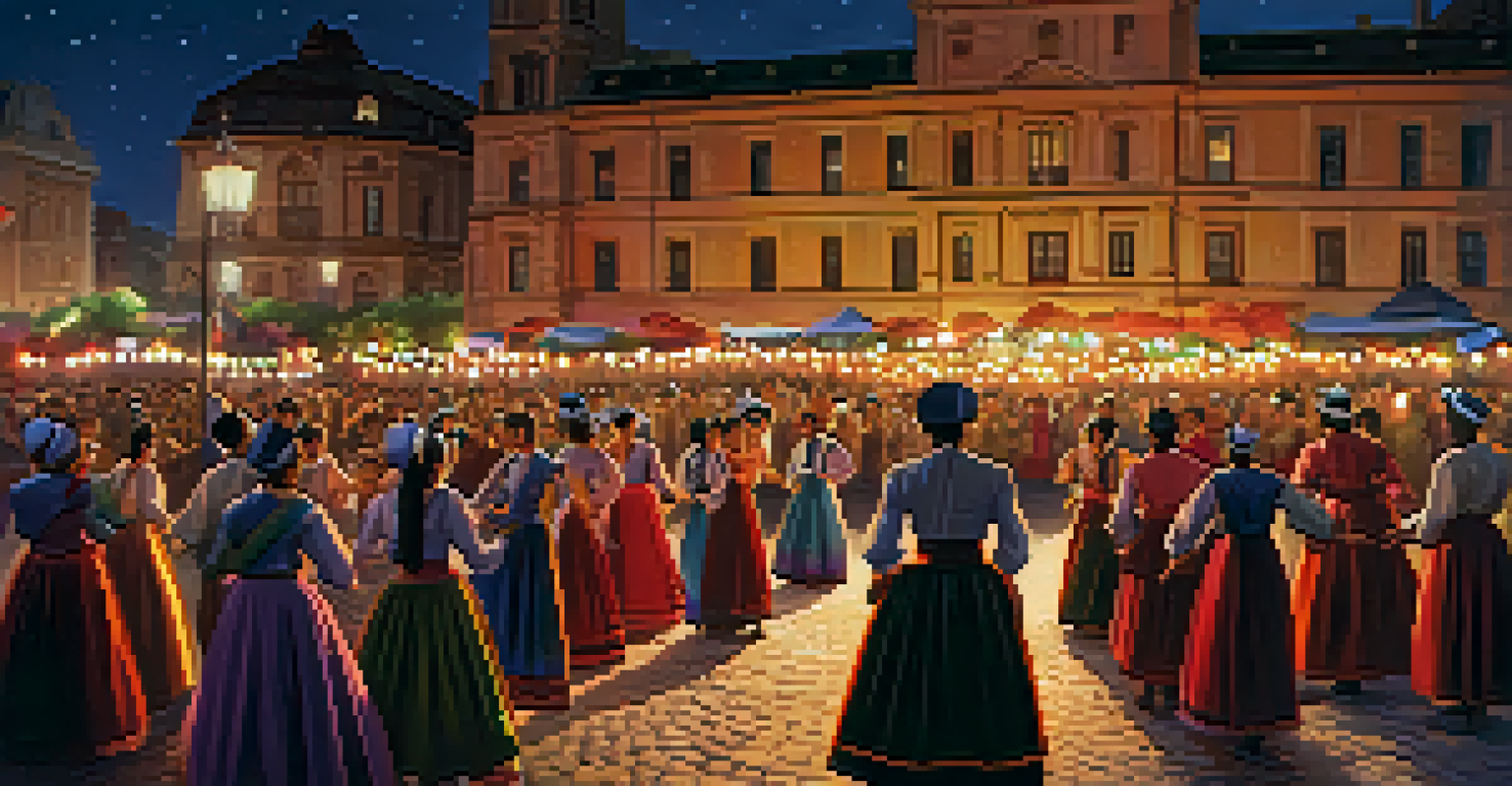 A vibrant nighttime dance festival in a city square with colorful lights, traditional dancers, and an enthusiastic crowd.