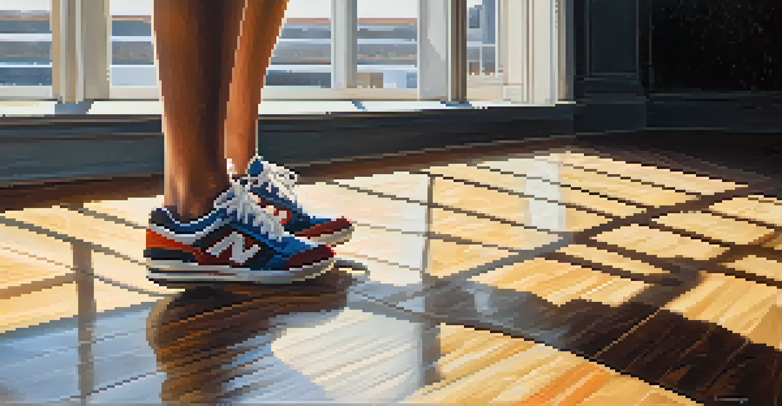 A close-up of a dancer's feet in colorful sneakers mid-step on a wooden floor, with sunlight streaming in from a window.