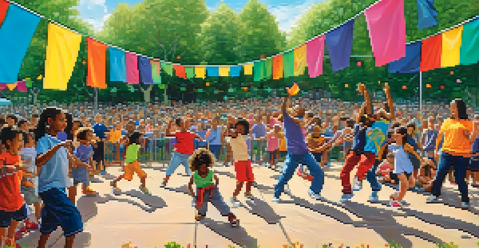 Children performing a hip-hop dance in a park during a community event, surrounded by cheering families.