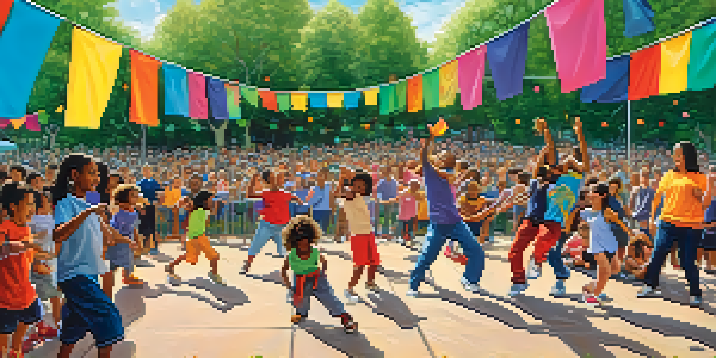 Children performing a hip-hop dance in a park during a community event, surrounded by cheering families.