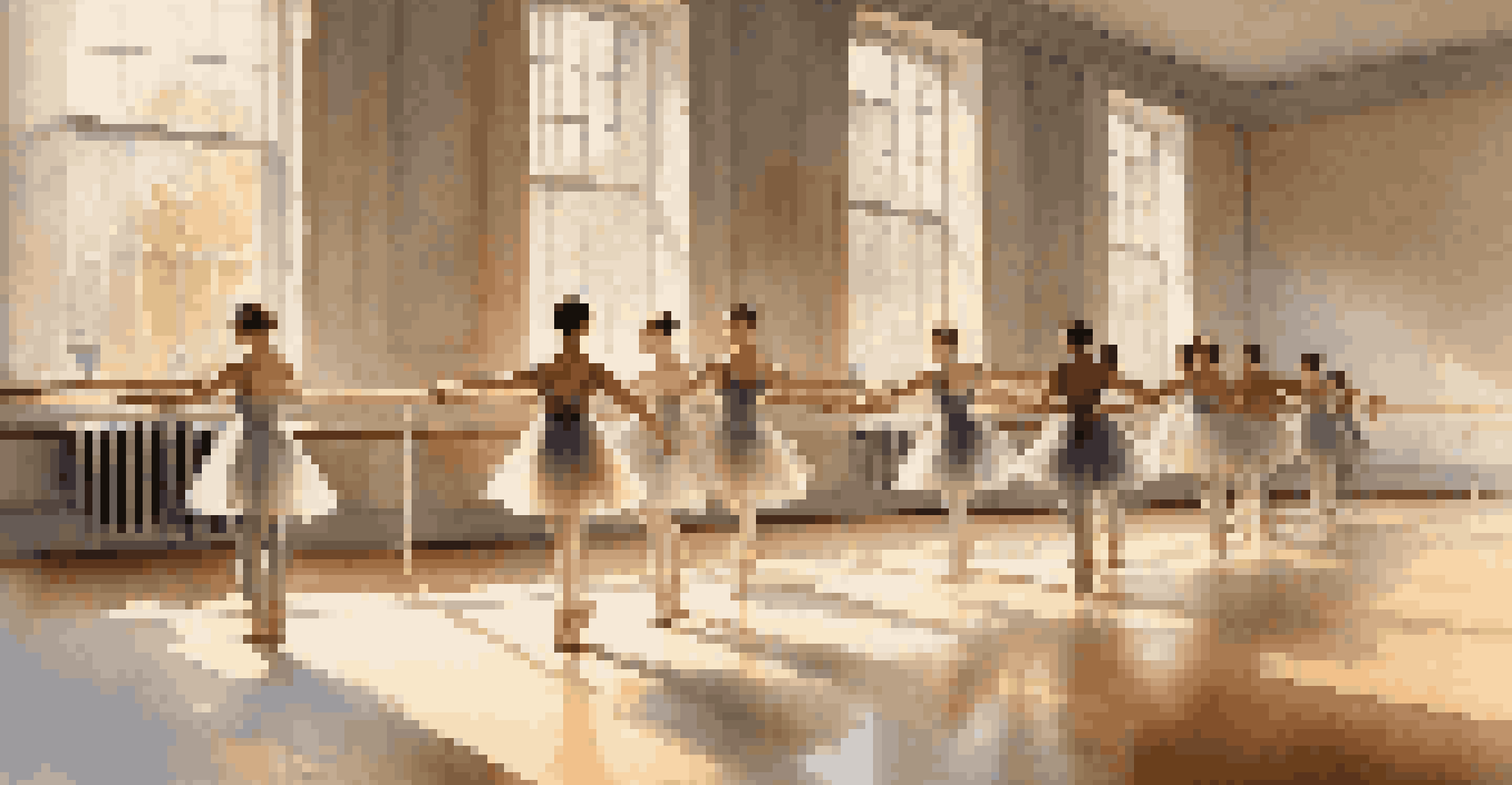 A ballet rehearsal in a sunlit studio with dancers practicing at the barre, bathed in soft natural light.