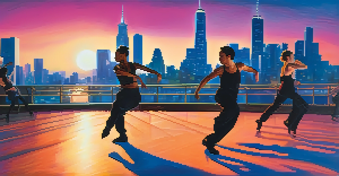 A group of diverse contemporary dancers performing in an urban setting during dusk, with colorful lights and a sunset skyline.