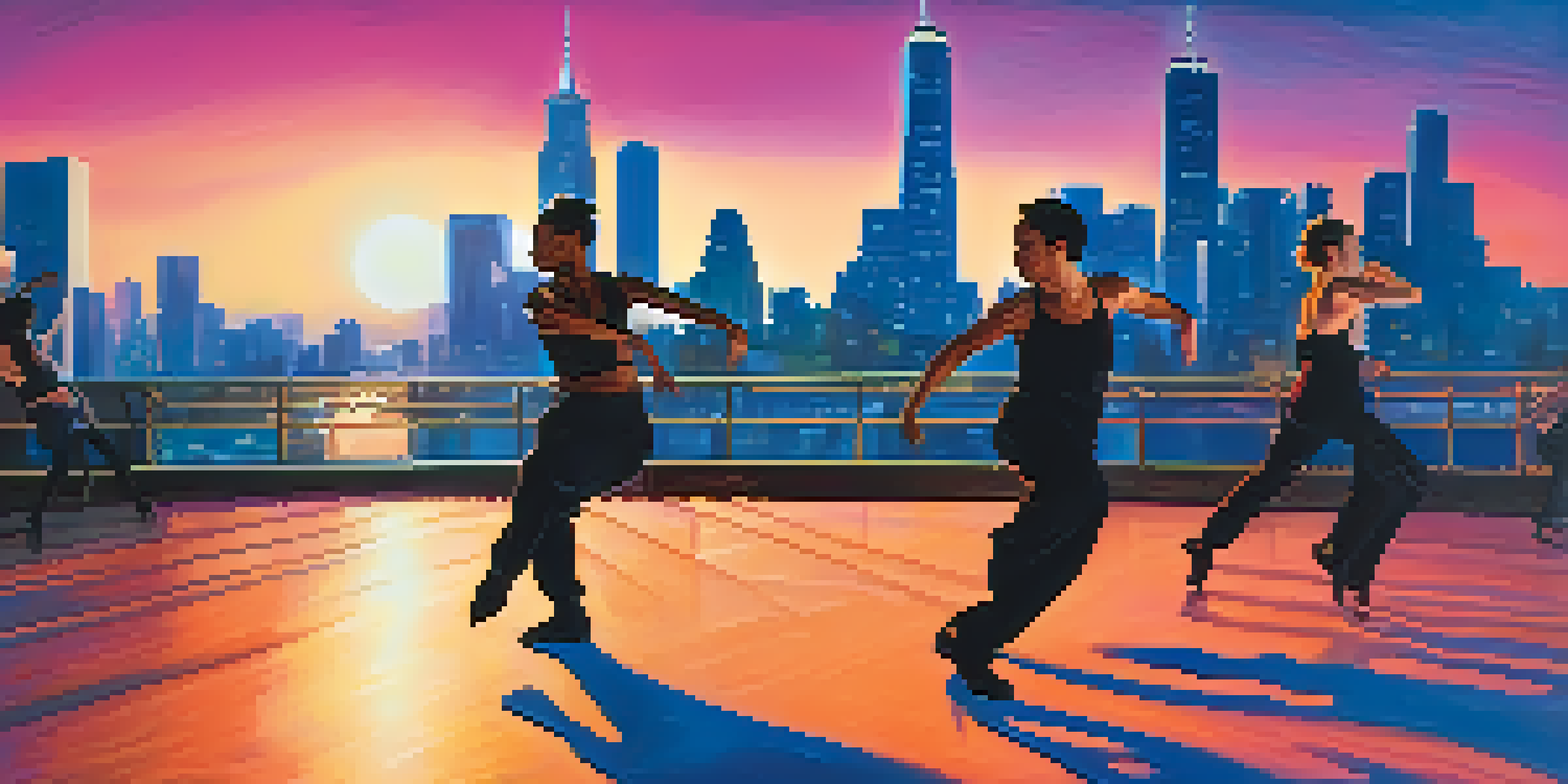 A group of diverse contemporary dancers performing in an urban setting during dusk, with colorful lights and a sunset skyline.
