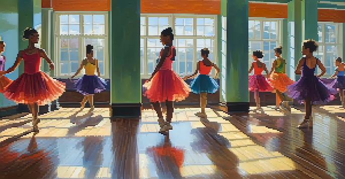 A bright dance studio with diverse dancers practicing in colorful outfits in front of mirrors.