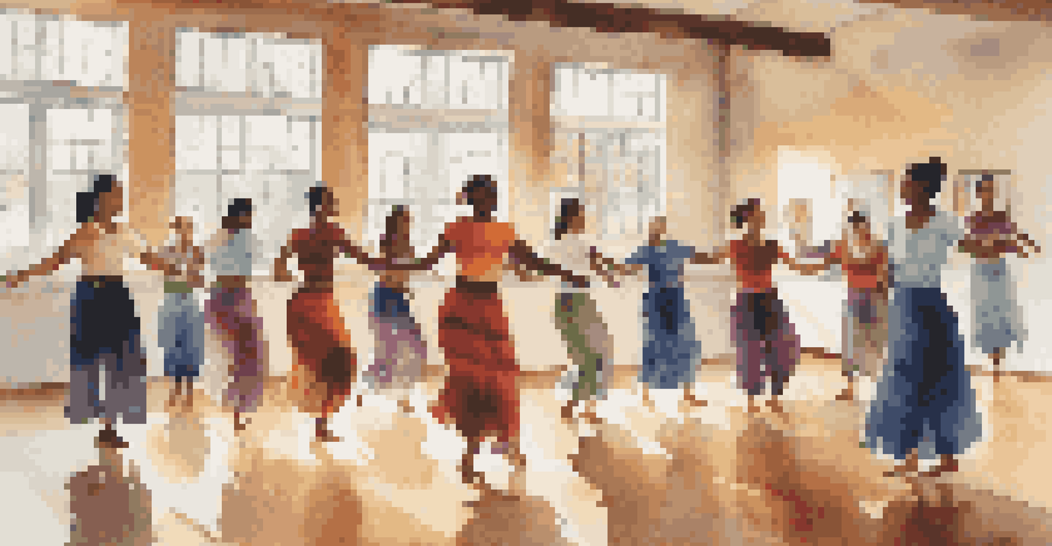 Women participating in a folk dance workshop in a bright community center, with an instructor leading the class and mirrors reflecting their movements.