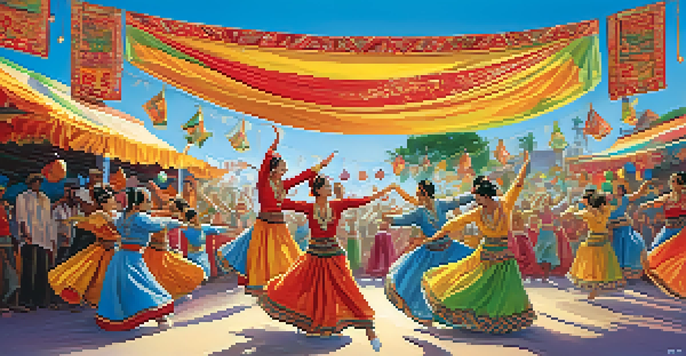 A lively outdoor dance festival featuring dancers in traditional costumes from different cultures, with colorful decorations and an engaged audience.