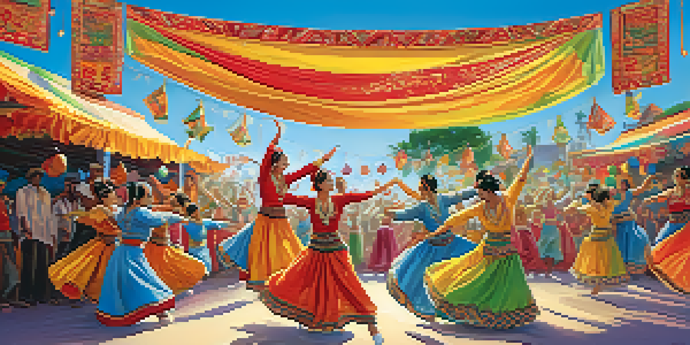 A lively outdoor dance festival featuring dancers in traditional costumes from different cultures, with colorful decorations and an engaged audience.