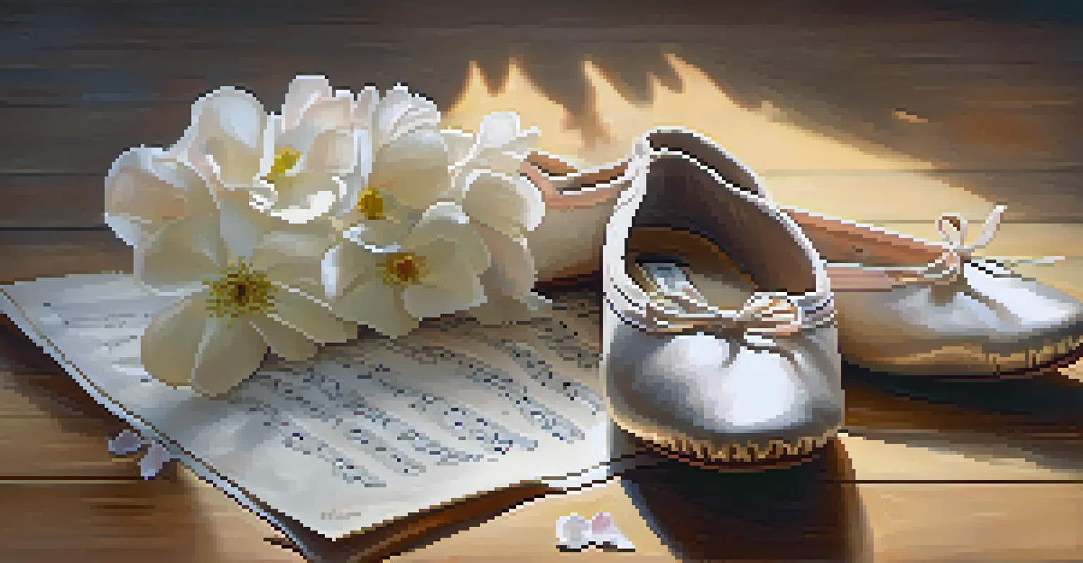 A close-up of ballet shoes on a wooden floor, surrounded by flower petals and sheet music, highlighting the connection between dance and music.