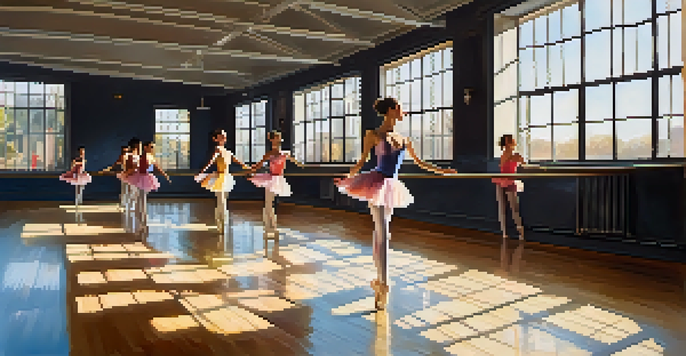 Ballet dancers in a studio, performing pirouettes with sunlight streaming through the windows.