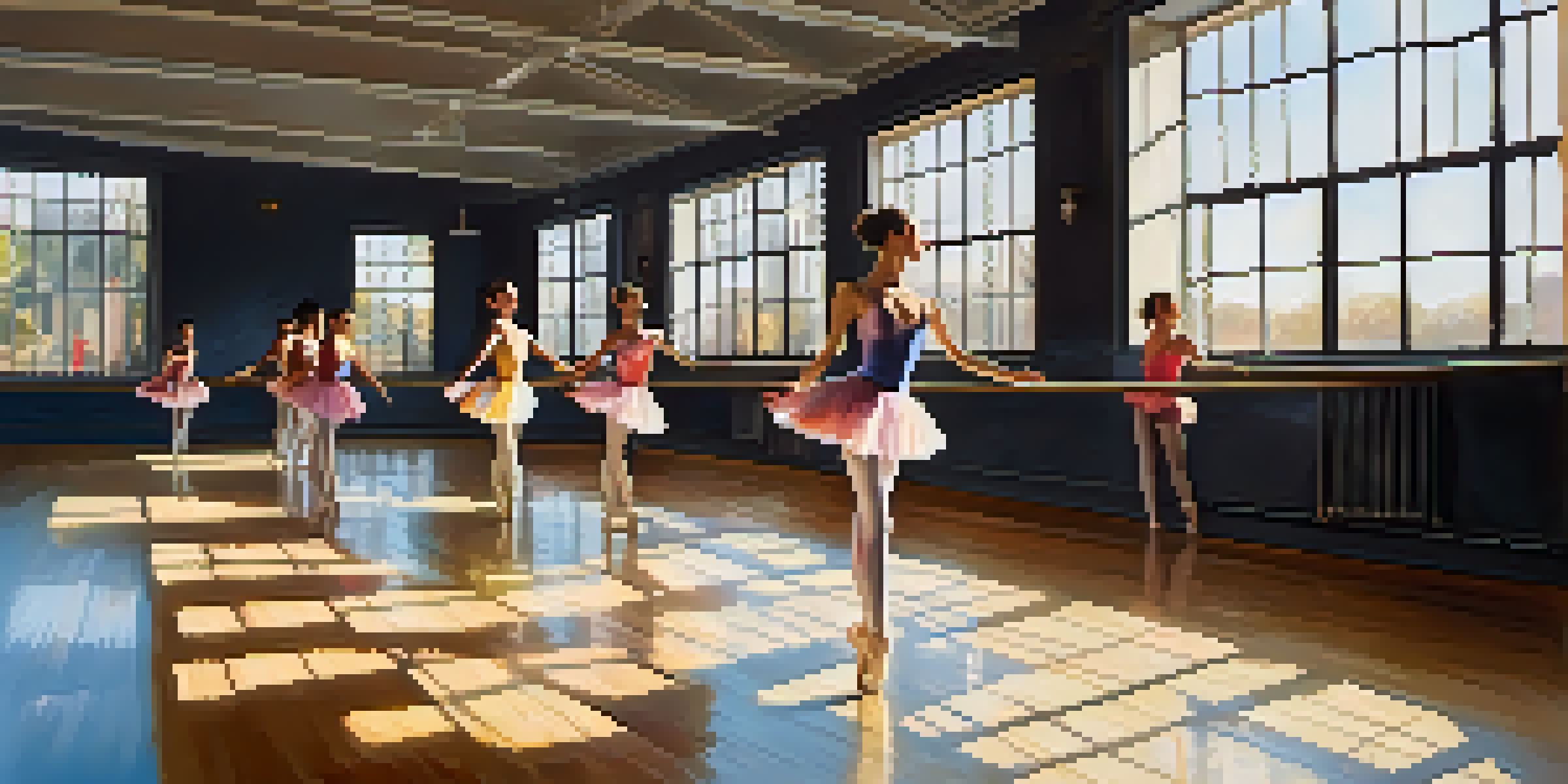 Ballet dancers in a studio, performing pirouettes with sunlight streaming through the windows.