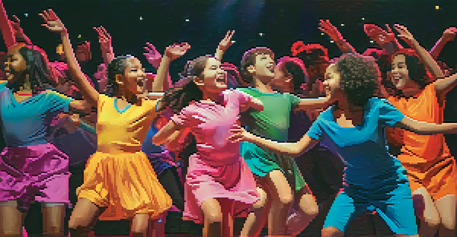 Neurodiverse youth performing joyfully on stage during a dance showcase, with an engaged audience applauding in the foreground.