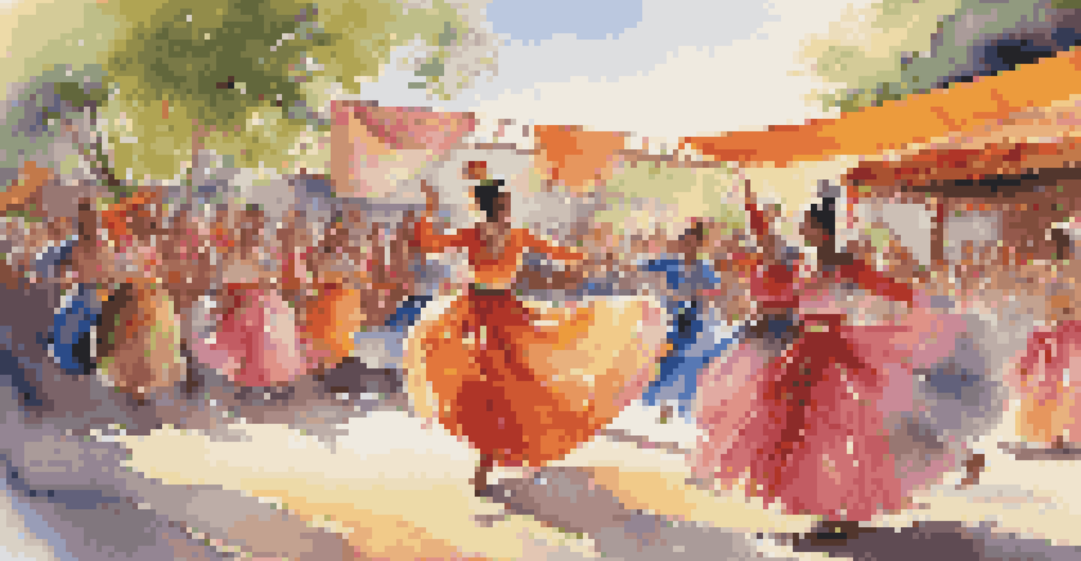 Dancers in colorful traditional costumes performing outdoors at a lively festival, with sunlight casting dynamic shadows.
