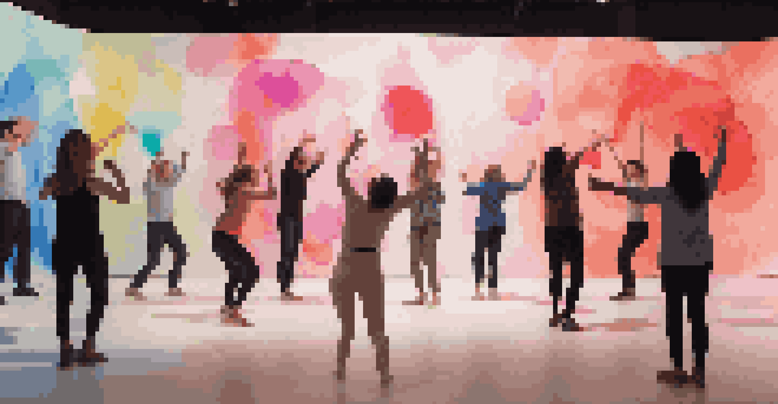 Participants engaging in an interactive art installation where their dance movements create animated visuals on a screen, set in a colorful and inviting atmosphere.