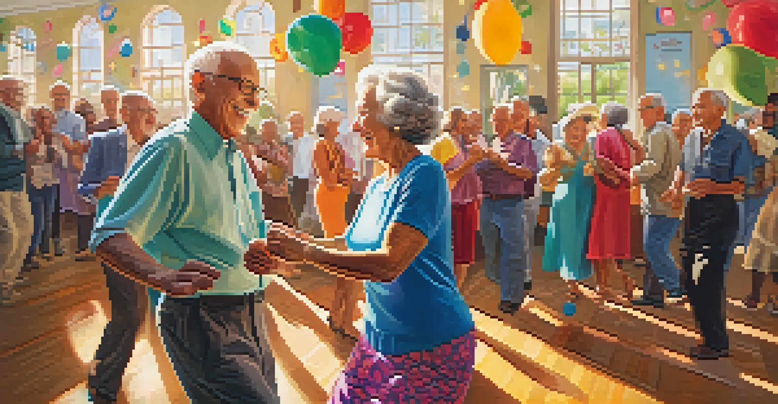 An elderly couple dancing happily in a bright community center, showcasing their joy and connection.