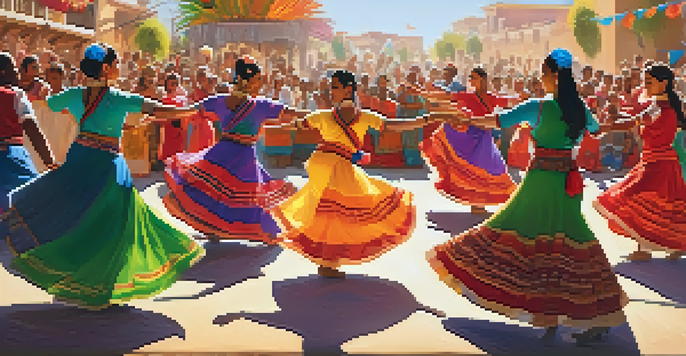 A lively festival with diverse dancers in traditional costumes performing on stage, surrounded by an enthusiastic crowd and colorful decorations.