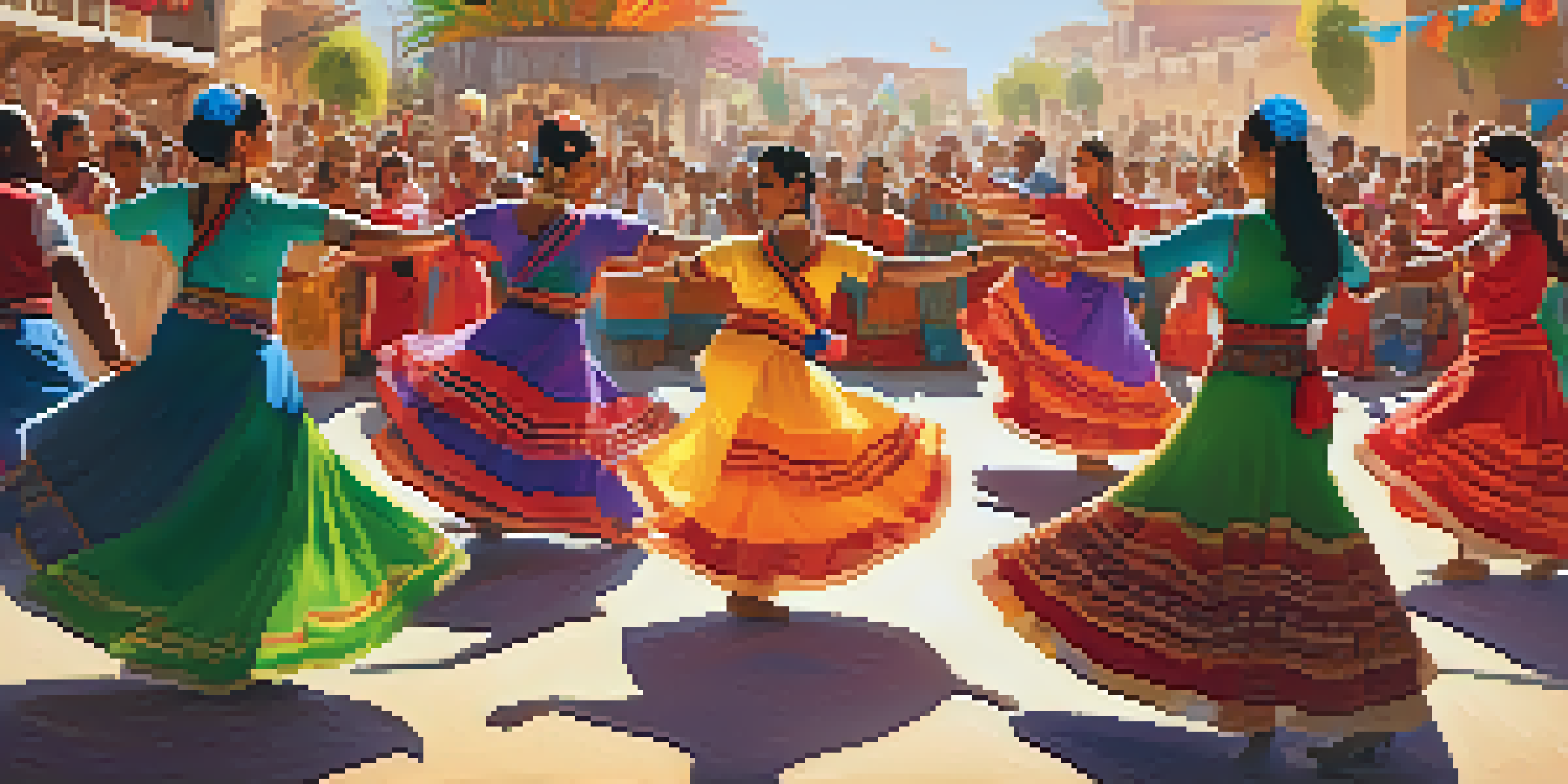 A lively festival with diverse dancers in traditional costumes performing on stage, surrounded by an enthusiastic crowd and colorful decorations.