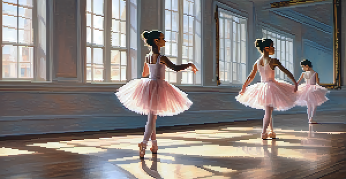 A young ballet dancer practicing in a sunlit studio, wearing a pastel pink tutu and ballet slippers, with a focused expression.