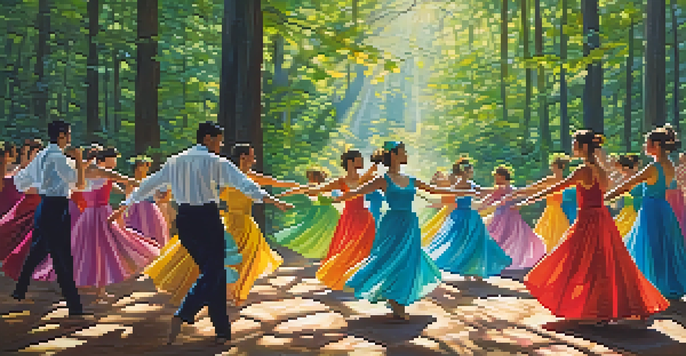 A group of dancers performing in a green forest, wearing colorful costumes that blend with nature, illuminated by sunlight.