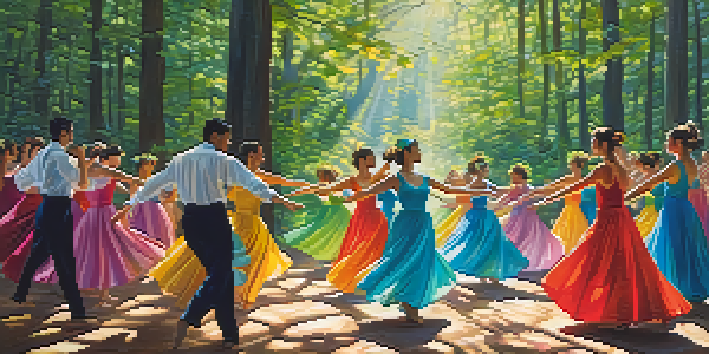 A group of dancers performing in a green forest, wearing colorful costumes that blend with nature, illuminated by sunlight.
