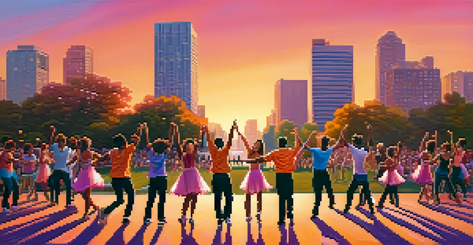 A diverse group of dancers performing in a city park during sunset, surrounded by urban buildings and trees, showcasing energy and joy.