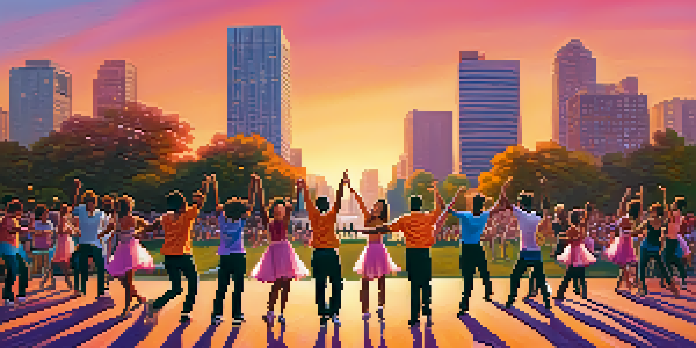 A diverse group of dancers performing in a city park during sunset, surrounded by urban buildings and trees, showcasing energy and joy.