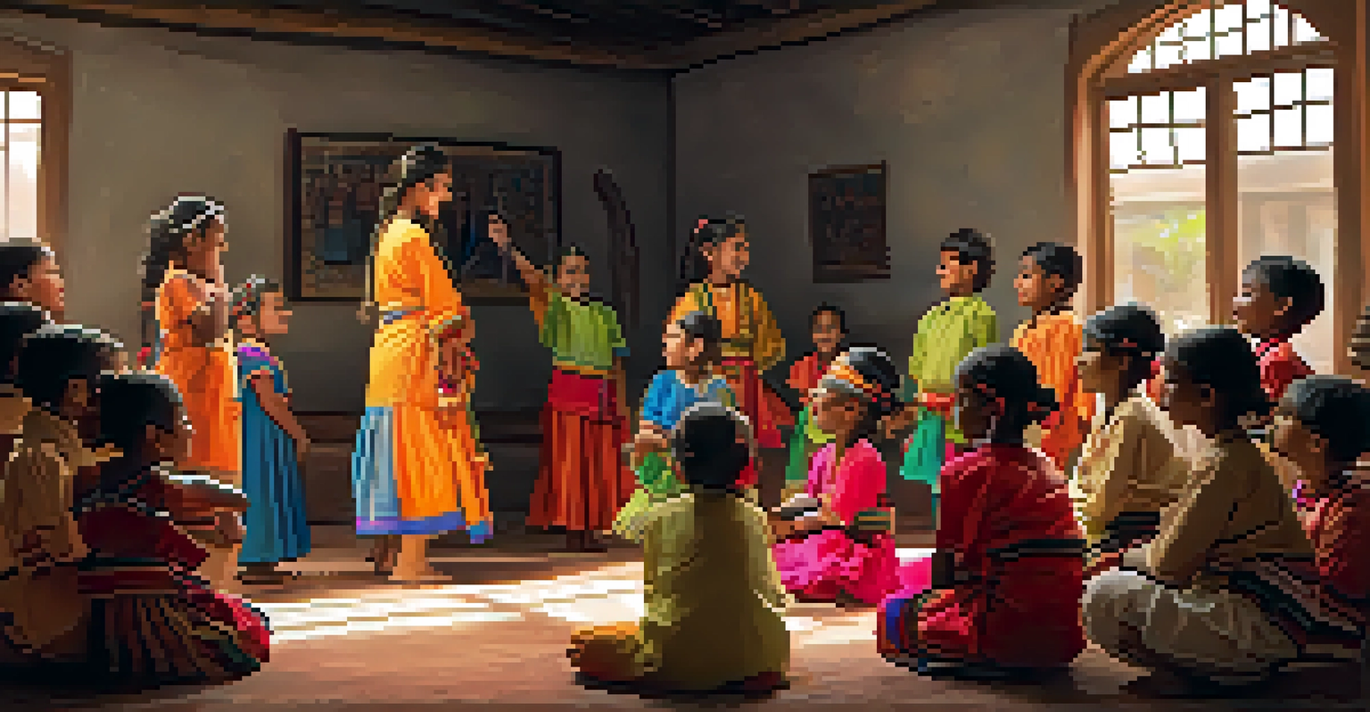 Children joyfully participating in a traditional dance workshop with an elder teacher in a cozy indoor setting.