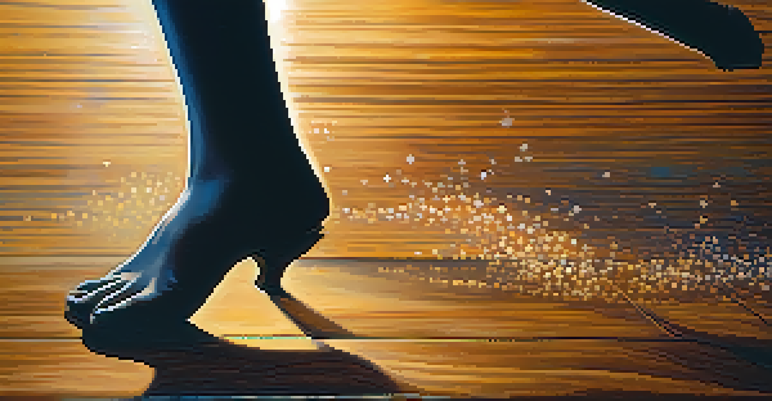 A close-up of a dancer's feet performing traditional African dance moves on a wooden stage with rising dust particles.