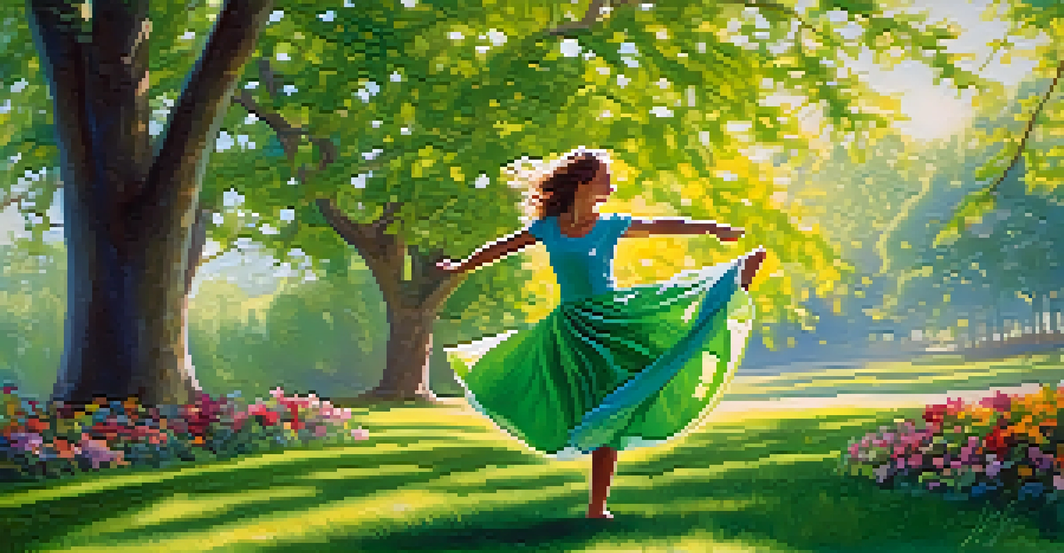 A young girl dancing joyfully in a green park surrounded by flowers and sunlight filtering through the trees.