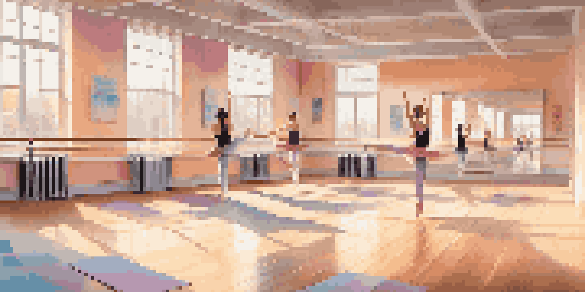 A lively dance studio featuring wooden floors, mirrors, and sunlight coming through large windows, with motivational quotes and art on the walls.